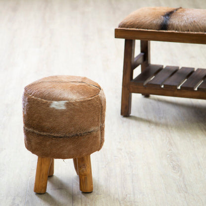 Inca Brown Goat Hide Hair on Leather  Round Stool