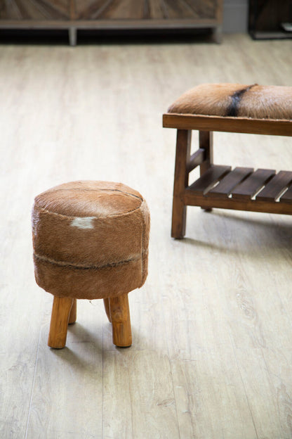 Inca Brown Goat Hide Hair on Leather  Round Stool - Image 3