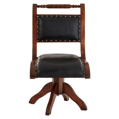 Wooden chair with black leather seat and backrest on a white background