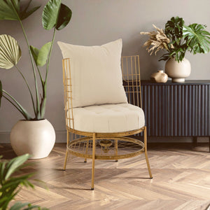 Mantis Natural Fabric and Gold Finish Wheel Design Chair