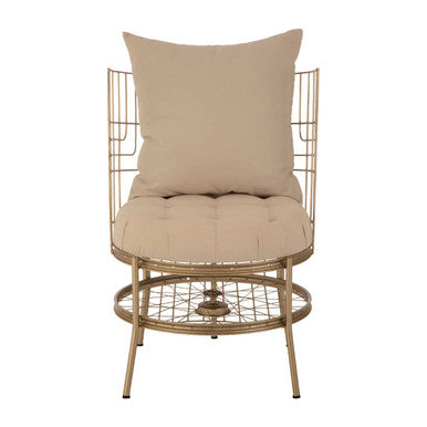 Beige cushioned chair with metal frame on a white background