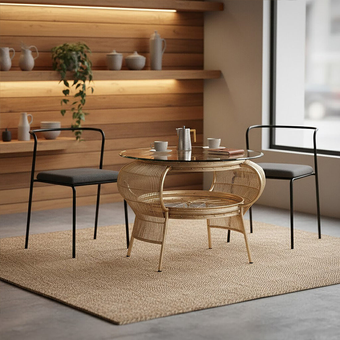 Modern dining area with a round glass table and wicker chairs in a well-lit room.
