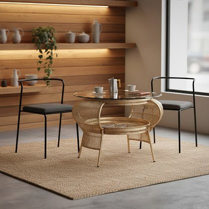 Modern dining area with a round glass table and wicker chairs in a well-lit room.