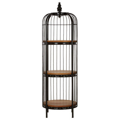 Decorative birdcage with wooden shelves on a white background