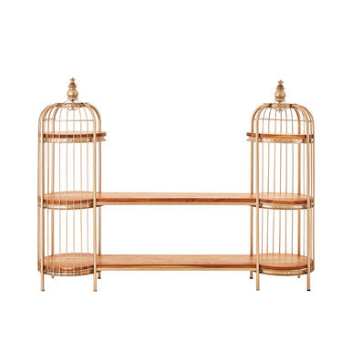 Decorative shelf with birdcage design on a white background