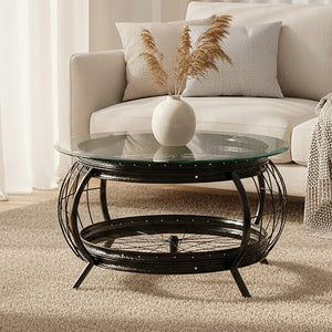 Mantis Black Finish Glass Wheel Design Coffee Table
