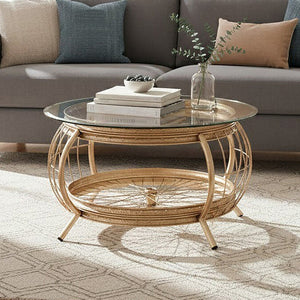 Mantis Champagne Finish Glass Wheel Design Coffee Table