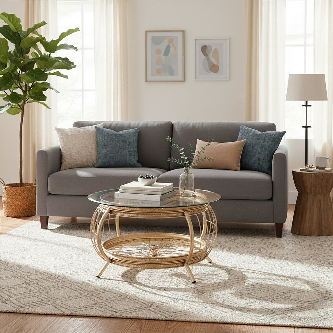 Living room with a gray sofa, wooden coffee table, and decorative elements.