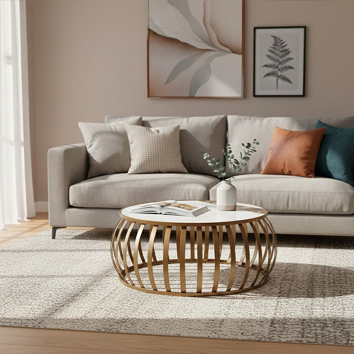 Living room with a gray sectional sofa, wooden coffee table, and decorative pillows.