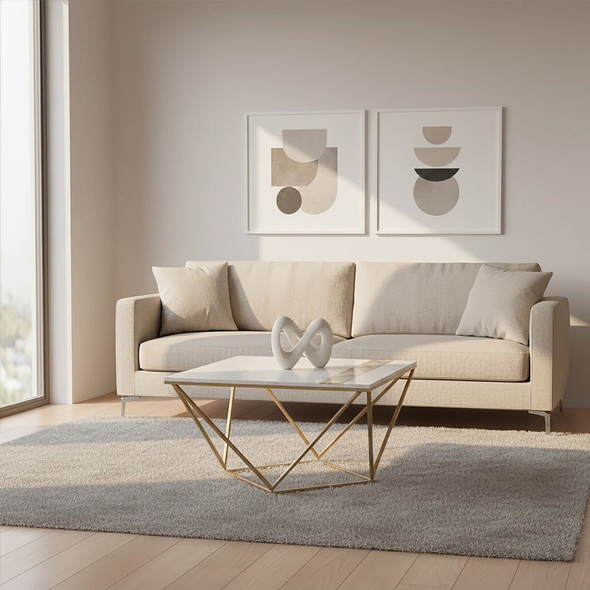 Modern living room with a beige sofa, marble coffee table, and abstract wall art.