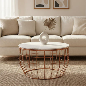 Vizzini White Marble and Agate Coffee Table with Copper Finish Base