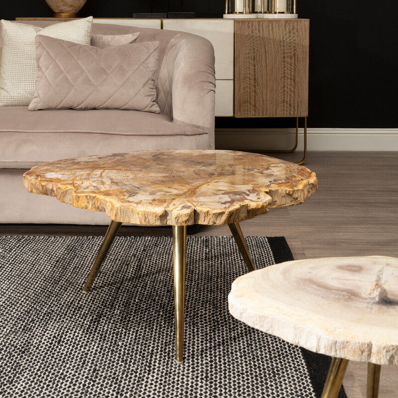 Living room with a wooden coffee table, gray sofa, and decorative items against a black wall.
