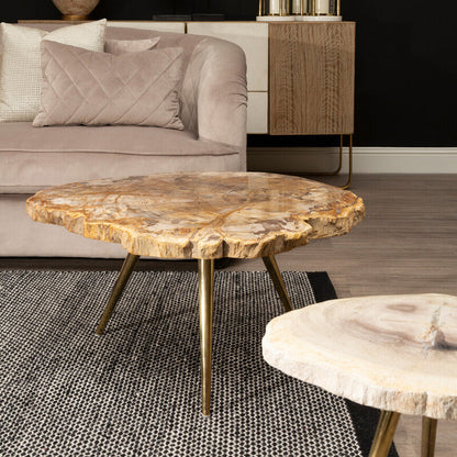 Living room with a wooden coffee table, gray sofa, and decorative items against a black wall.