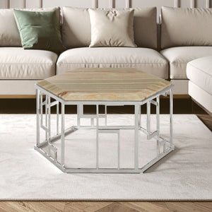 Natural Onyx Stone Top Hexagonal Coffee Table with Wavy Banding and Silver Stainless Steel Frame, Relic