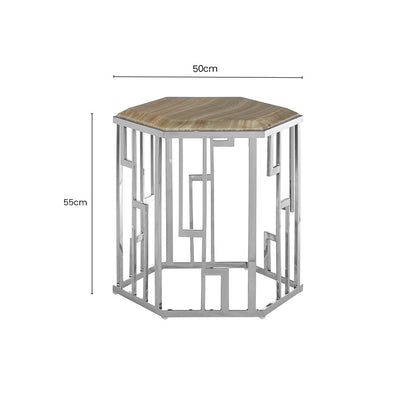 Natural Onyx Stone Top Hexagonal Side Table with Wavy Banding and Silver Stainless Steel Frame, Relic