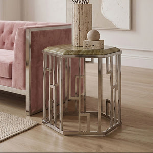 Relic Natural Onyx Stone nd Silver Finish Hexagonal Side Table