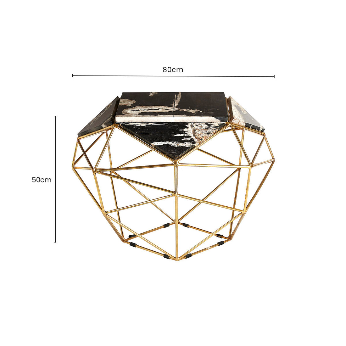 Dark Petrified Wood Top Rectangular Side Table with Gold Brass Tone Iron Base, Relic