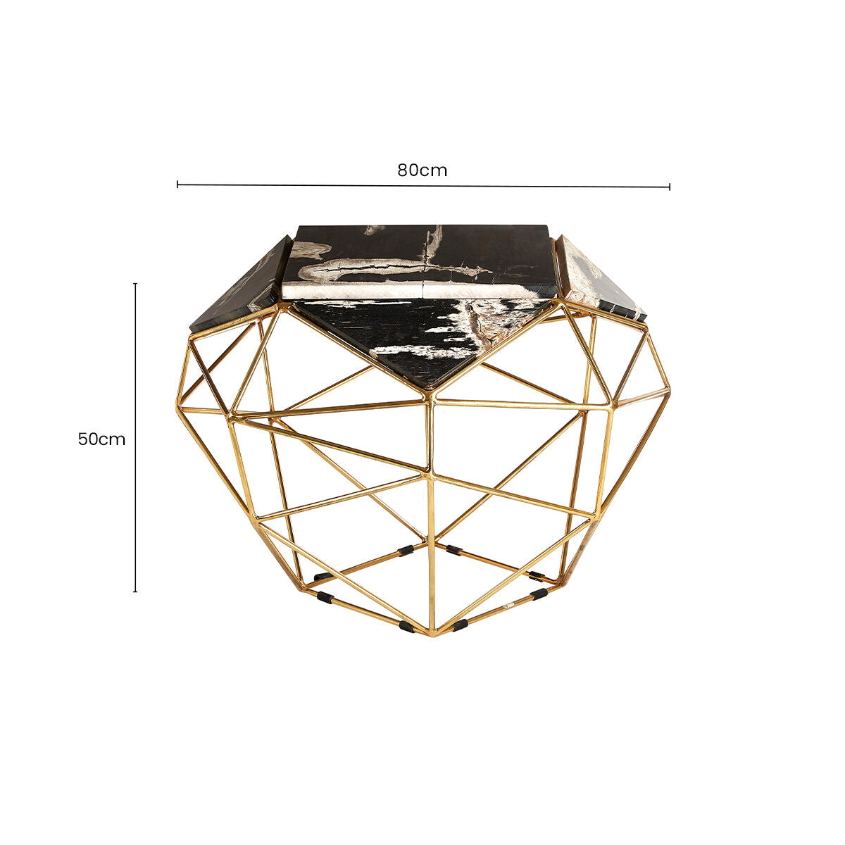 Dark Petrified Wood Top Rectangular Side Table with Gold Brass Tone Iron Base, Relic