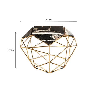 Dark Petrified Wood Top Rectangular Side Table with Gold Brass Tone Iron Base, Relic