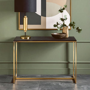 Dark Petrified Wood Top Console Table with Brass Finish Geometric Frame, Relic