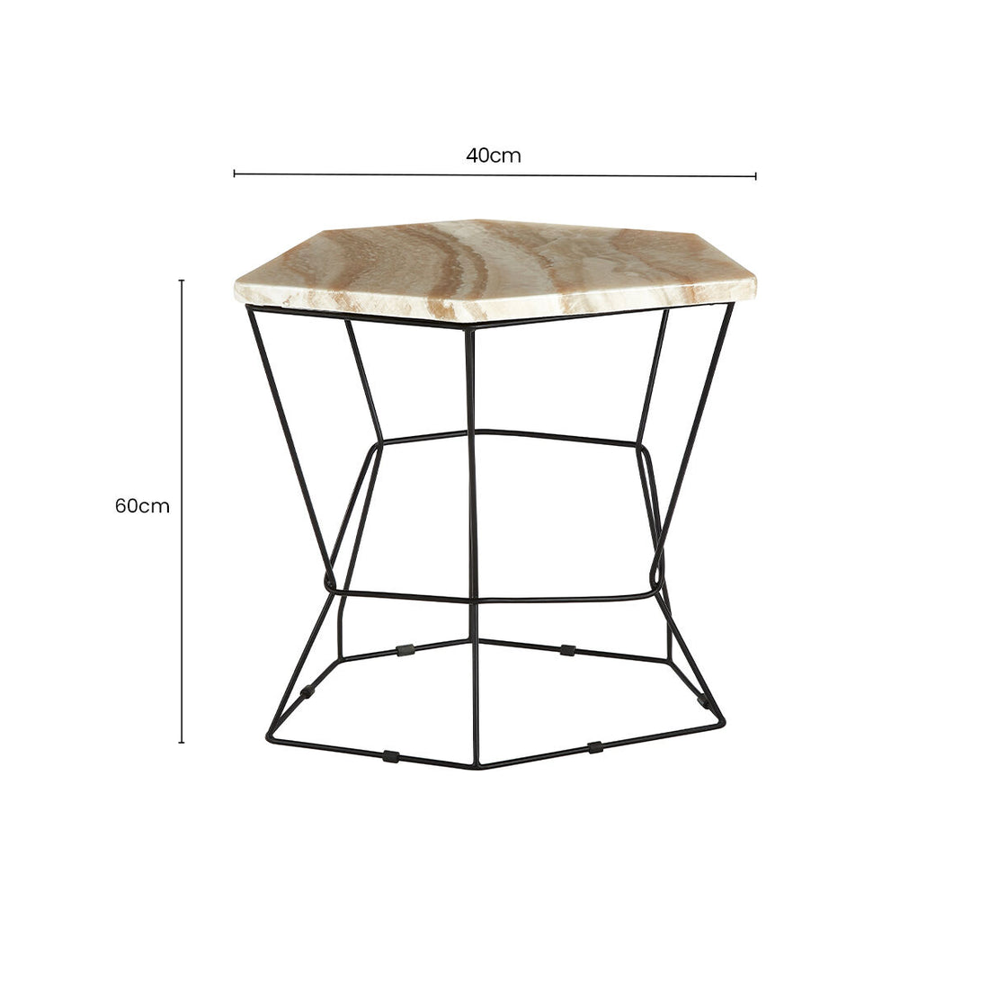 Patterned Natural Onyx Stone Top Side Table with Black Wireframe Base, Relic