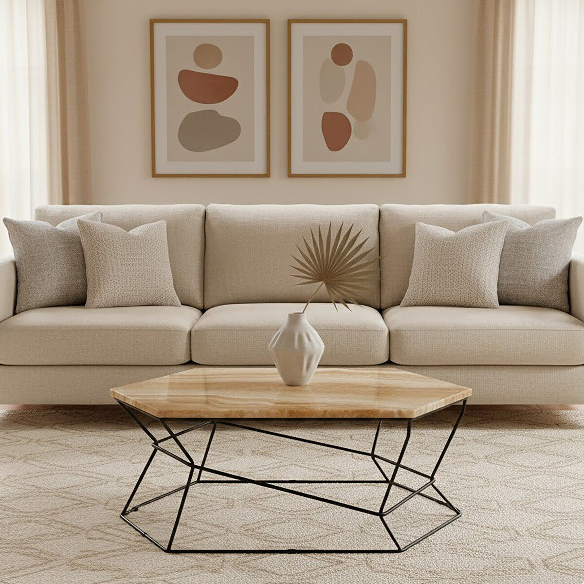 Beige sectional sofa with decorative pillows in a living room setting.