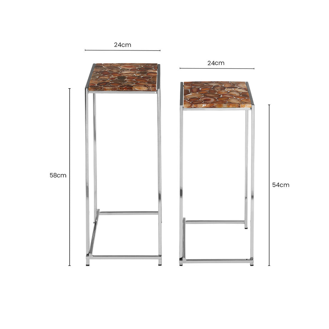Nest of 2 Side Tables with Natural Agate Onyx Stone Tops and Black Iron Geometric Base, Relic