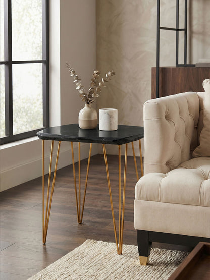 Large Black Marble Top Side Table with Gold Finish Iron Legs, Relic