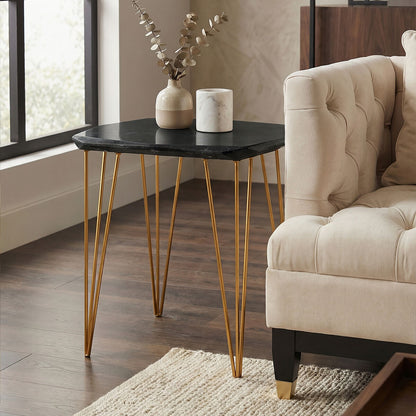 Large Black Marble Top Side Table with Gold Finish Iron Legs, Relic
