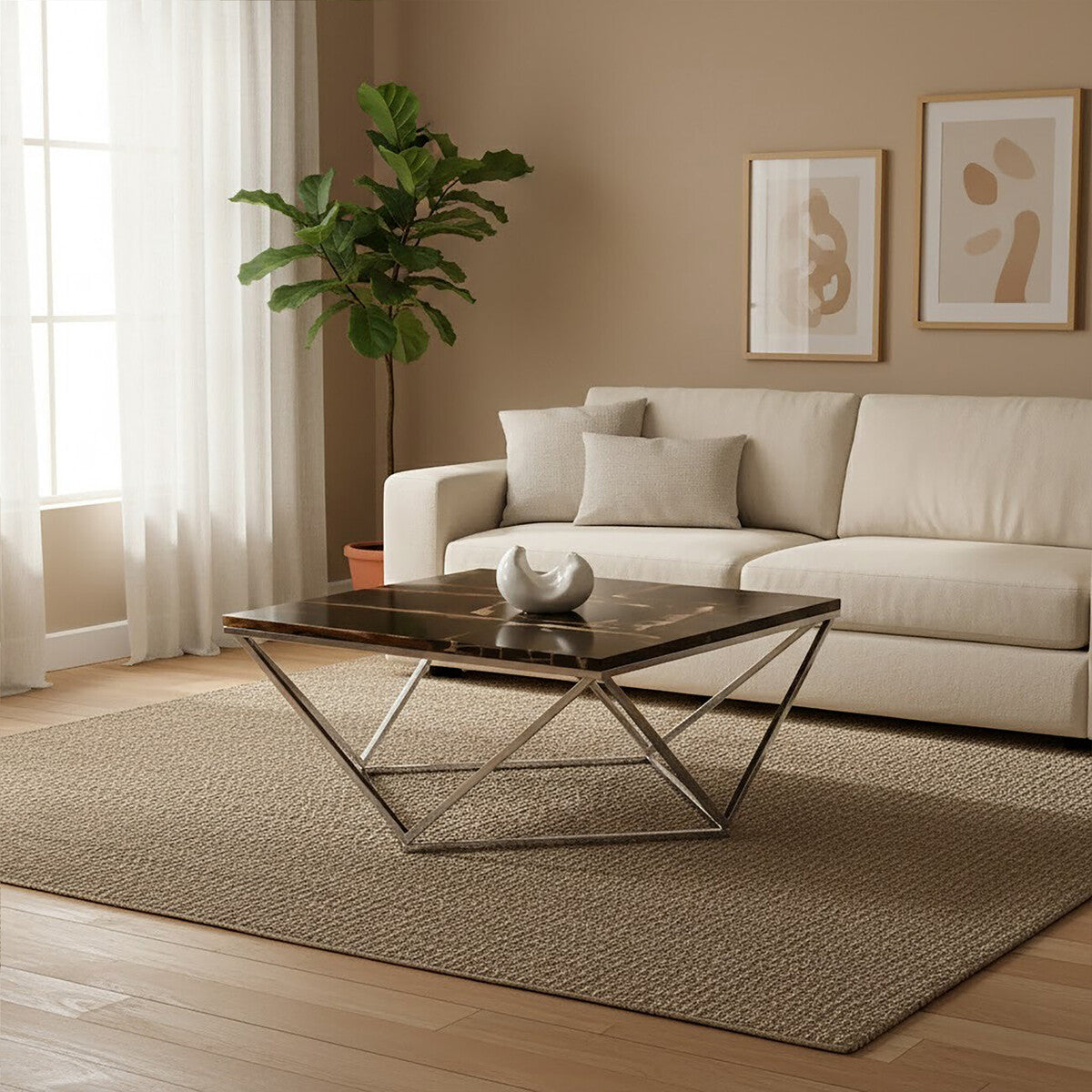 Modern living room with a beige sectional sofa, coffee table, and decorative elements.