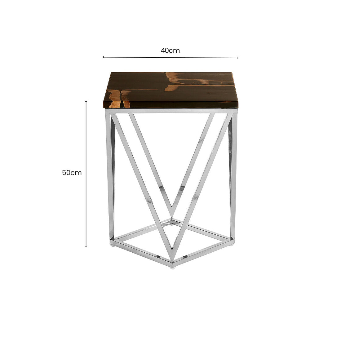Dark Petrified Wood Side Table with Rustic Grained Top and Silver Stainless Steel Frame, Relic