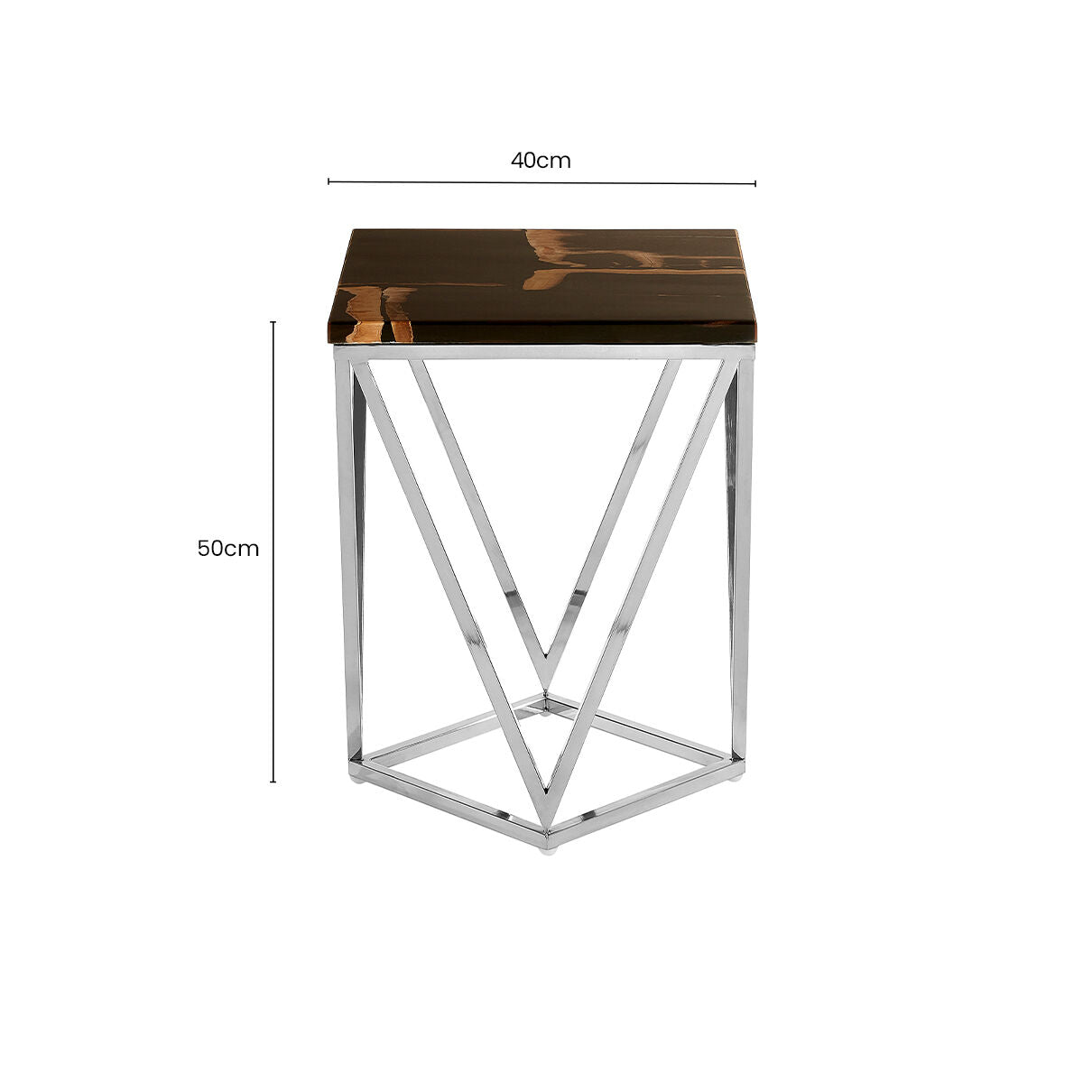 Dark Petrified Wood Side Table with Rustic Grained Top and Silver Stainless Steel Frame, Relic