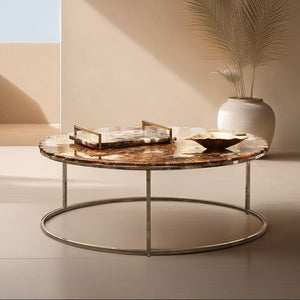 Relic Agate Stone and Silver Finish Round Coffee Table