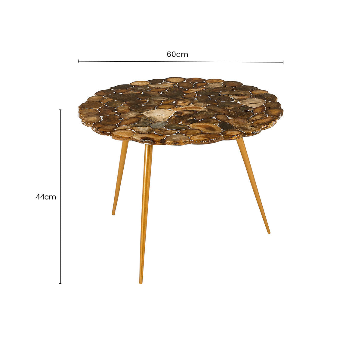 Natural Agate Stone Top Low Side Table with Gold Brass Tone Iron Legs, Relic