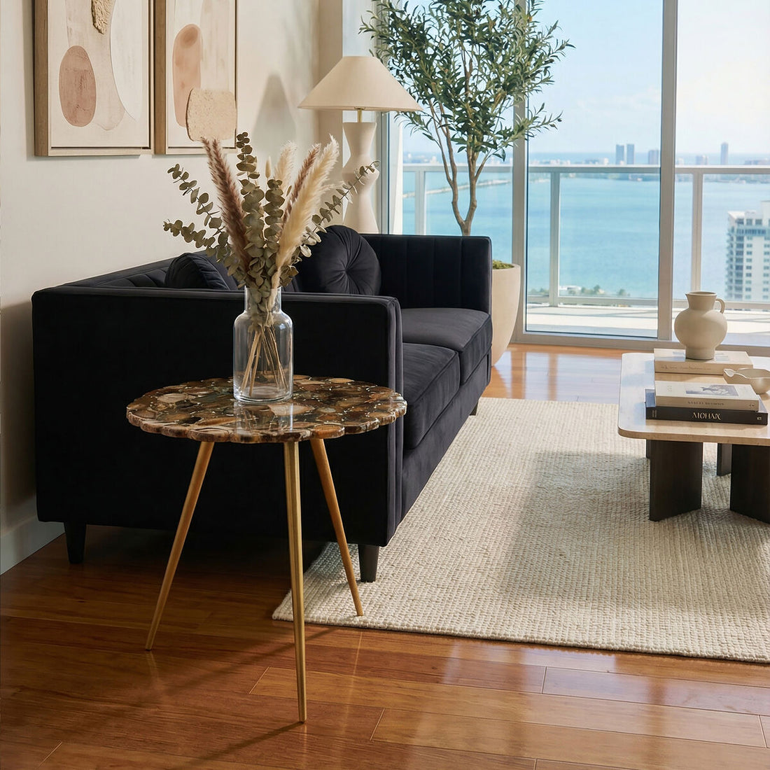 Natural Agate Stone Top Low Side Table with Gold Brass Tone Iron Legs, Relic