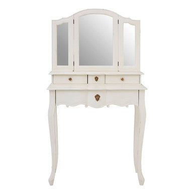 White vanity with mirror on a white background