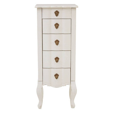 White tall cabinet with three drawers and gold lion head handles on a white background