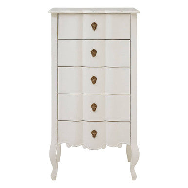 White dresser with gold knobs on a white background