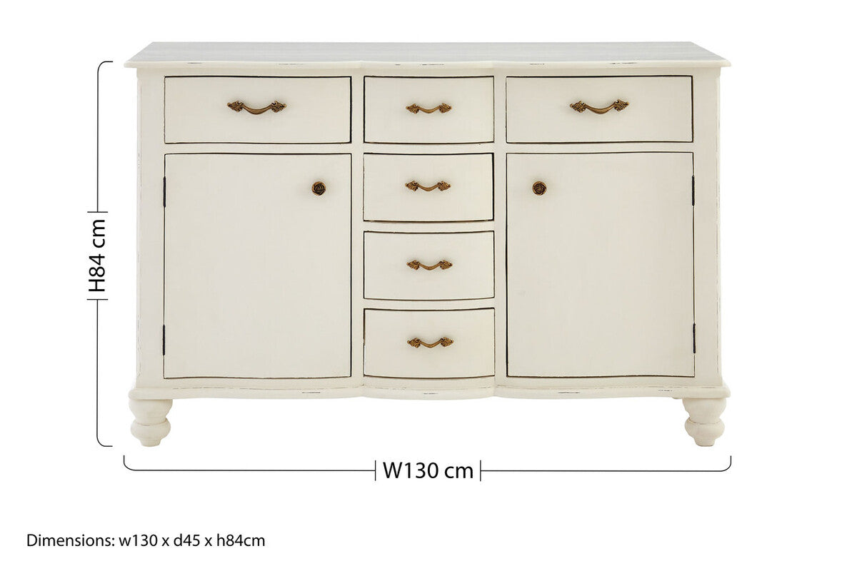 White sideboard with dimensions on a white background