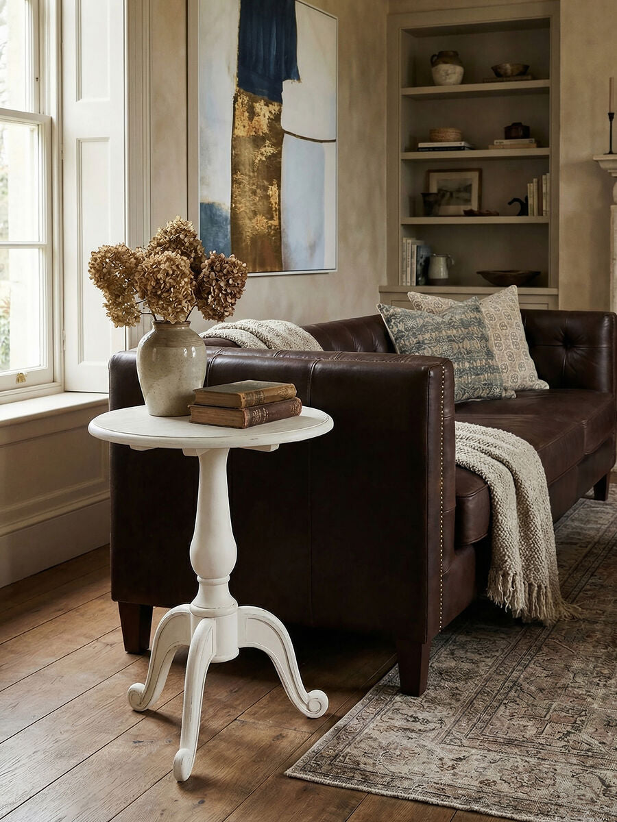 Weathered White Finish Round Bayur Wood Pedestal Table, Loire