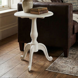 Weathered White Finish Round Bayur Wood Pedestal Table, Loire