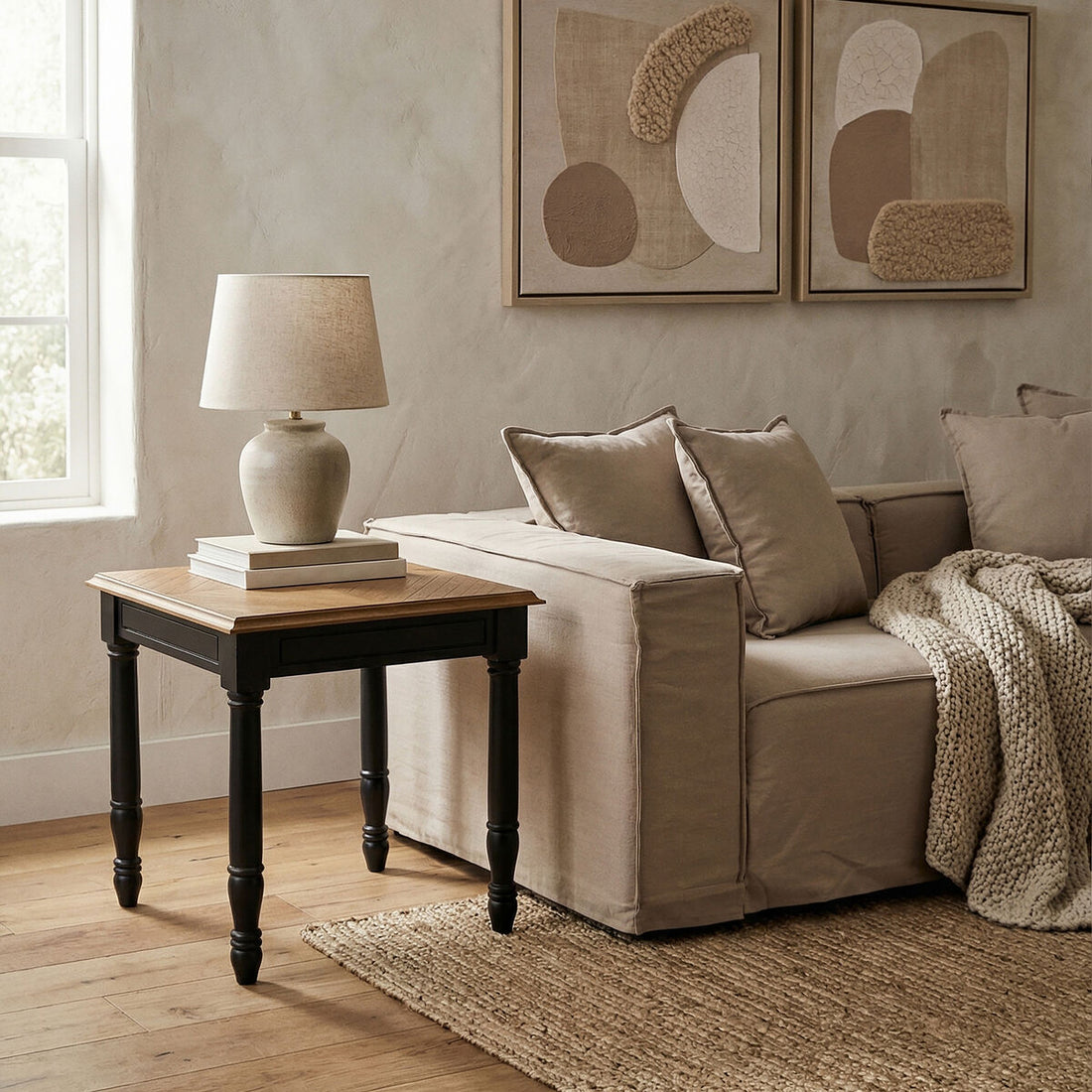 Black Side Table with Textured Bayur Wood and Carved Detail, Loire