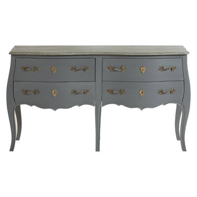 Gray dresser with gold handles on a white background