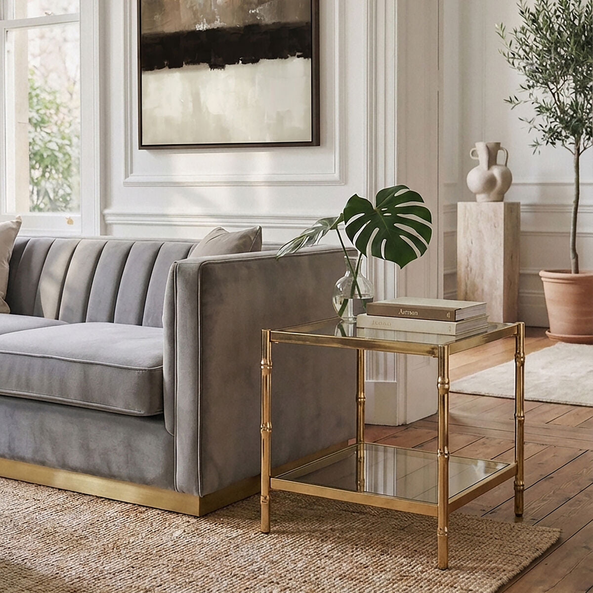 Clear Mirrored Two-Tier Square Side Table with Gold Finish Iron Frame, Kensington Townhouse
