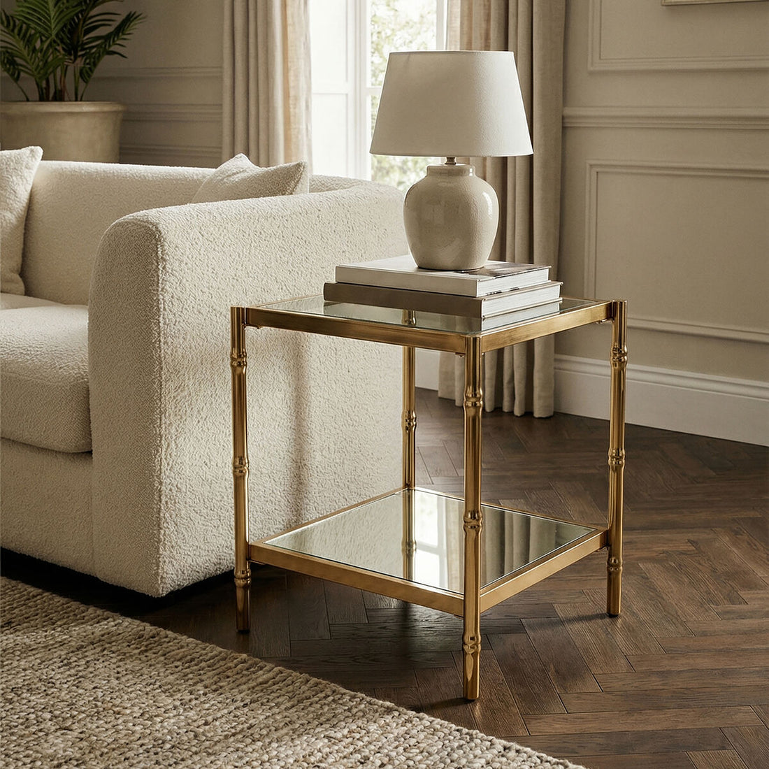 Clear Mirrored Two-Tier Square Side Table with Gold Finish Iron Frame, Kensington Townhouse