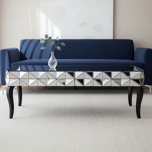 Silver Geometric Coffee Table with Smoked Glass Top and Black Wood Legs, Soho