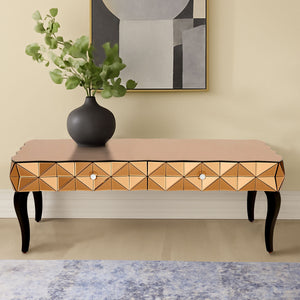 Gold Copper Geometric Coffee Table with Smoked Glass Top and Black Wood Legs, Soho