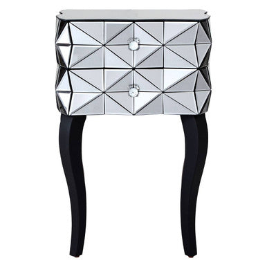 Geometrically patterned side table with black legs on a white background