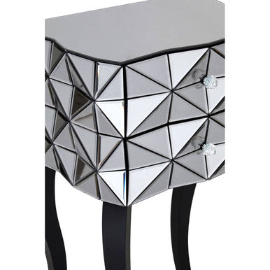 Silver Smoked 3D Geometric Glass Front 2-Drawer Bedside Table with Cut Glass Handles and Cabriole Legs, Soho