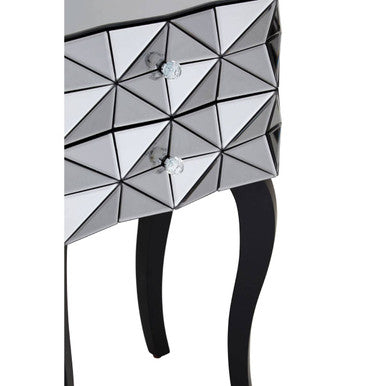 Silver Smoked 3D Geometric Glass Front 2-Drawer Bedside Table with Cut Glass Handles and Cabriole Legs, Soho